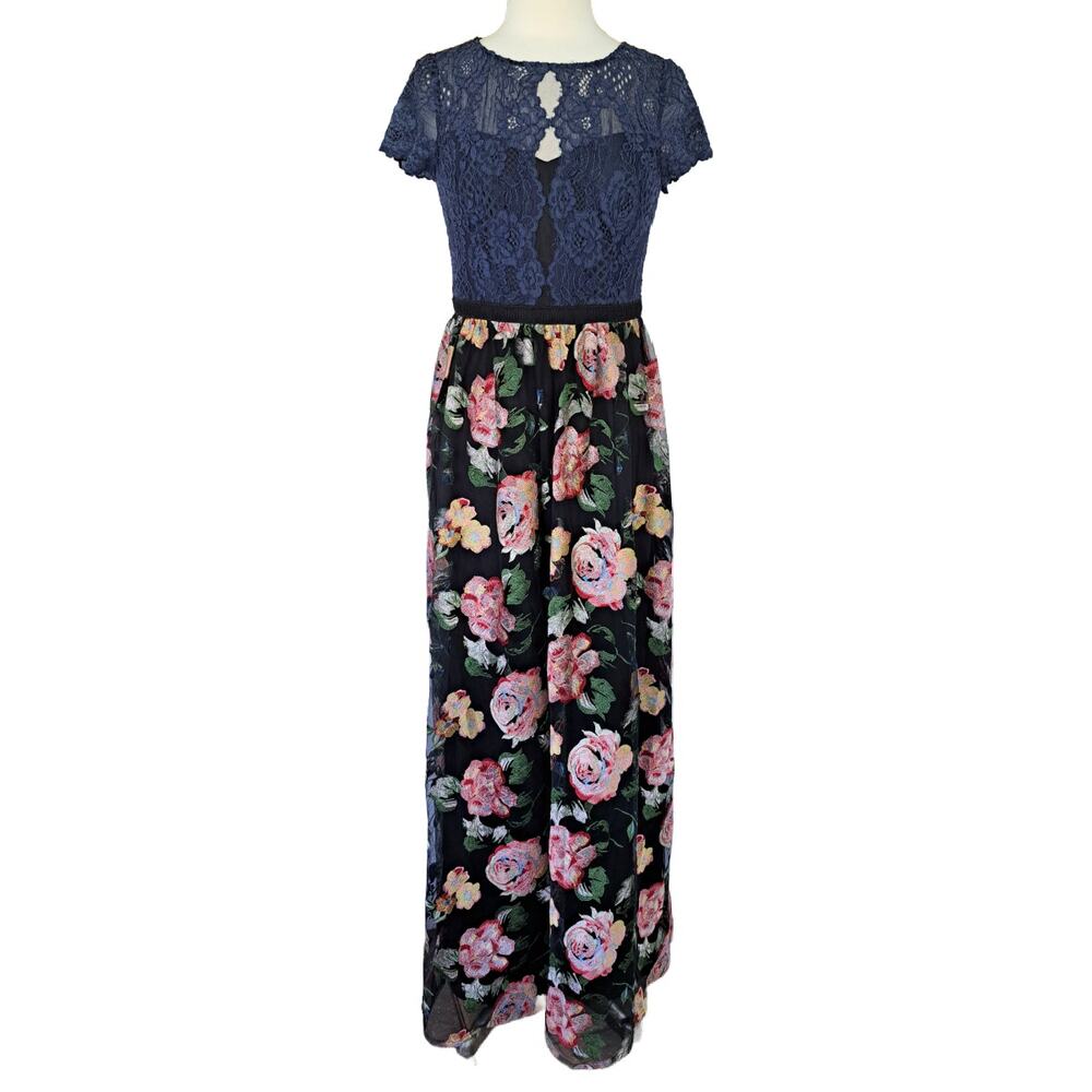 Adrianna Papell Embroidered Floral Lace Maxi Dress Sz 6 Formal Blue Black Multi